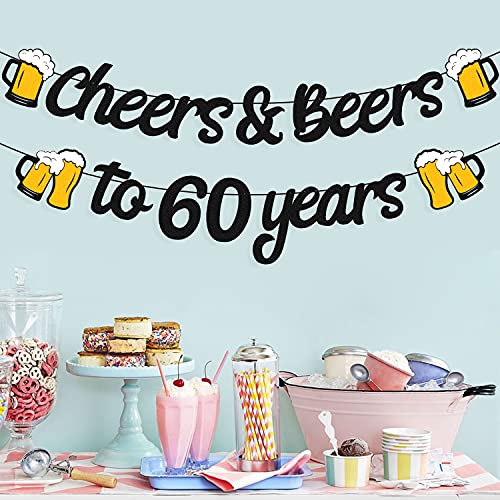 60th Birthday Decorations Cheers to 60 Years Banner for Men Women 60s Birthday Backdrop Wedding Anniversary Party Supplies Black Glitter Decorations Pre Strung