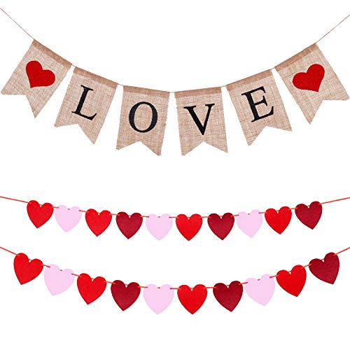 3 Pieces Valentines Day Banner Decoration Love Burlap Banner Felt Heart Garland Red Pink Heart Banner for Valentines Day Wedding Engagement Anniversary Party Supplies