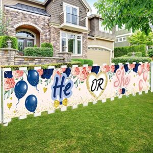 gender reveal decorations he or she banner yard sign, large baby gender reveal theme banner party supplies for boys girls, navy blush pregnancy announcement baby shower decor for outdoor indoor