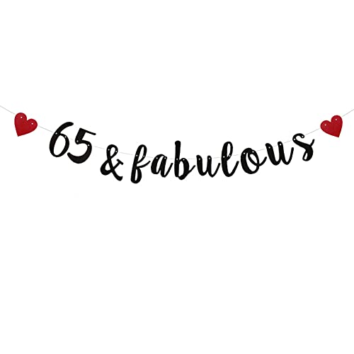 XIAOLUOLY Black 65 & Fabulous Glitter Banner,Pre-Strung,65th Birthday / Wedding Anniversary Party Decorations Bunting Sign Backdrops,65 & Fabulous