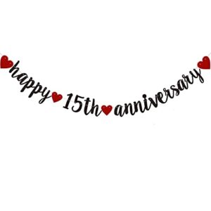 happy 15th anniversary banner, pre-strung,black glitter paper garlands for 15th wedding anniversary party decorations supplies, no assembly required,(black)sunbetterland