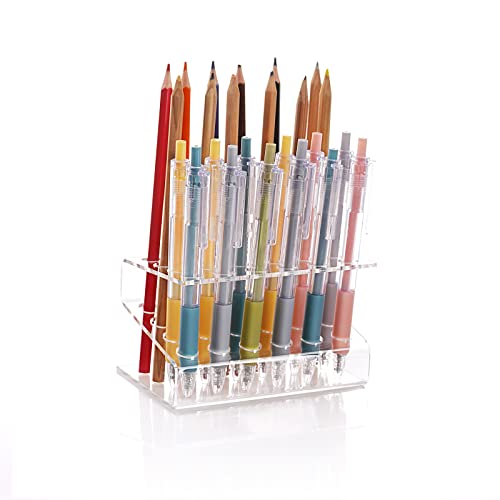 Fitlyiee Clear Acrylic Brush Display Pen Holder Z shaped Pen Organizer for Markers Coloured Pencils Paint Brushes Makeups (24 Slots)