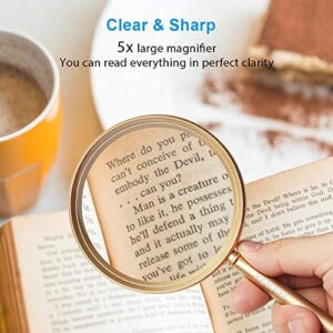 5X Handheld Magnifier with Metal Handle High Clarity Reading Magnifying Glass for Book Newspaper Maps fine Print ，Archeology，Soldering Repair，Science and Craft，Great for Seniors and Kids（90mm/3.5"）