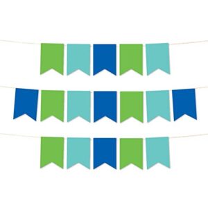 andaz press hanging pennant banner with string, kiwi green, turquoise, royal blue, 1-set, 24 pennants, approx. 12-feet long, rainbow peacock theme