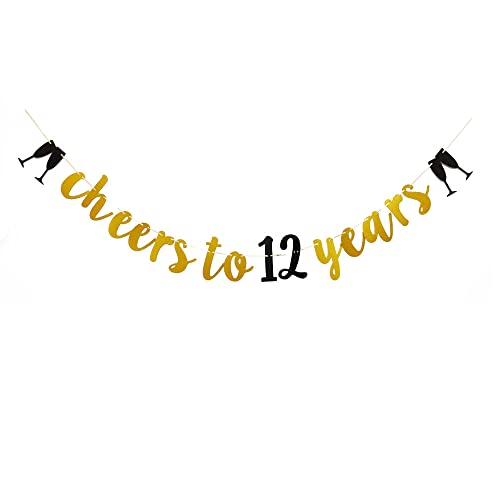 Cheers To 12 Years Fun Gold Banner Sign for 12th Birthday / Anniversary Party Bunting Supplies Decorations Garlands