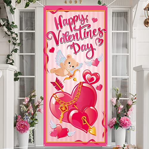 HOWAF Happy Valentine's Day Door Cover, Large Fabric Valentines Day Party Decoration Door Banner, Love Heart Backdrop Banner for Valentines Day Party Supplies, Valentine's Day Front Door Hanging Decoration