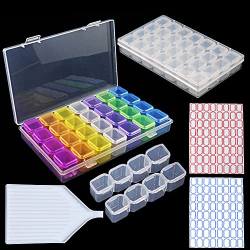 FuigeBach Diamond Painting Storage Containers, 2 Pcs 28 Grids Diamond Piainting Boxes Accessories Beads Organizer Case with Diamond Painting Tray, 128pcs Label Stickers for Jewellery Beads