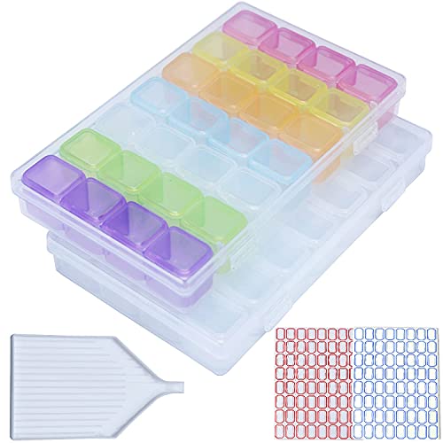 FuigeBach Diamond Painting Storage Containers, 2 Pcs 28 Grids Diamond Piainting Boxes Accessories Beads Organizer Case with Diamond Painting Tray, 128pcs Label Stickers for Jewellery Beads