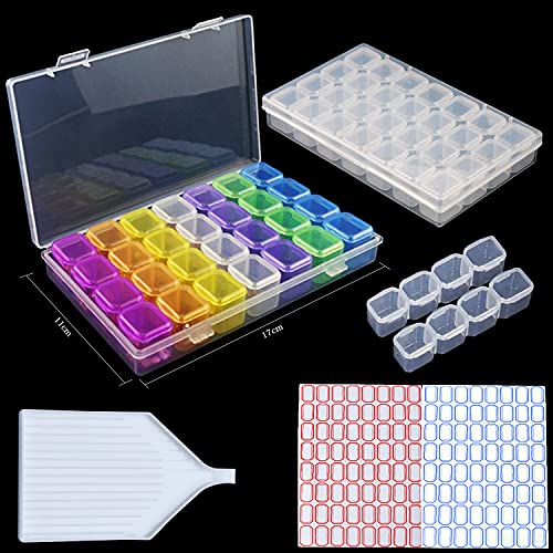 FuigeBach Diamond Painting Storage Containers, 2 Pcs 28 Grids Diamond Piainting Boxes Accessories Beads Organizer Case with Diamond Painting Tray, 128pcs Label Stickers for Jewellery Beads