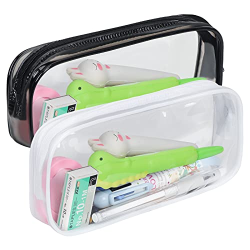 Skycase 2 Pcs Pencil Case Set, Clear Exam Pencil Bag, PVC Zipper Pen Pouch, Pencil Storage Pouch, Makeup/Toiletries Bag for Women, Portable Office Stationery Pouch for Students Adults,White,Black