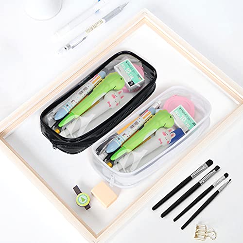 Skycase 2 Pcs Pencil Case Set, Clear Exam Pencil Bag, PVC Zipper Pen Pouch, Pencil Storage Pouch, Makeup/Toiletries Bag for Women, Portable Office Stationery Pouch for Students Adults,White,Black