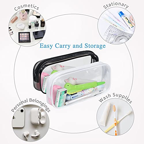 Skycase 2 Pcs Pencil Case Set, Clear Exam Pencil Bag, PVC Zipper Pen Pouch, Pencil Storage Pouch, Makeup/Toiletries Bag for Women, Portable Office Stationery Pouch for Students Adults,White,Black