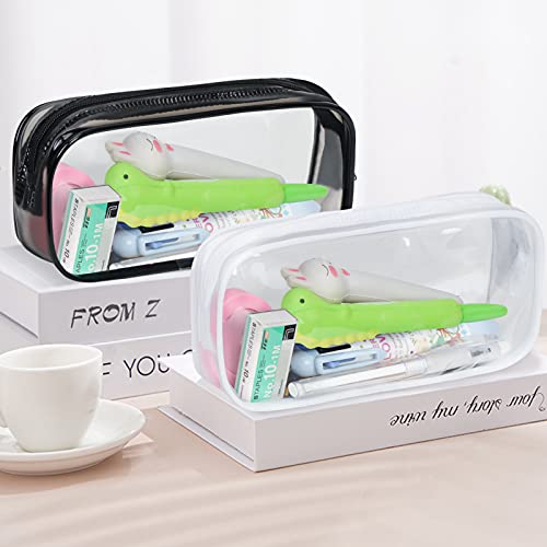 Skycase 2 Pcs Pencil Case Set, Clear Exam Pencil Bag, PVC Zipper Pen Pouch, Pencil Storage Pouch, Makeup/Toiletries Bag for Women, Portable Office Stationery Pouch for Students Adults,White,Black