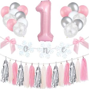 Winter 1st Birthday Girl Decoration One Snowflake Banner High Chair Pink Bow Garland Foil Balloon Paper Tassel Princess Cake Smash Supplies