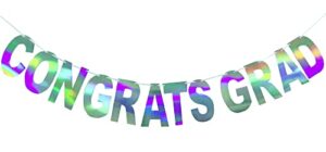holographic congrats grad banner decorations sign, iridescent hanging bunting string flag garland for graduation ceremony party decoration