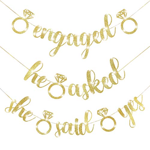 Engagement Party Banners Glitter Gold Letters He Asked She Said Yes Garland for Wedding Engagement Party Hen Party Bridal Shower Bachelorette Party Favor Party Decoration Supplies (GOLD)