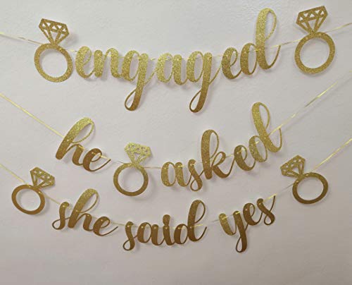 Engagement Party Banners Glitter Gold Letters He Asked She Said Yes Garland for Wedding Engagement Party Hen Party Bridal Shower Bachelorette Party Favor Party Decoration Supplies (GOLD)