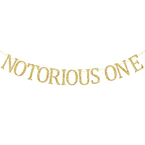 Notorious One Banner, First Birthday Party Decorations Supplies, Hip Hop Theme One Year Old Bday Bunting Sign, Pre-strung, Gold Glitter