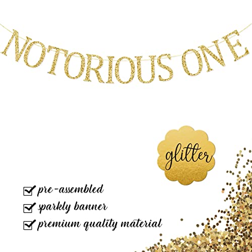 Notorious One Banner, First Birthday Party Decorations Supplies, Hip Hop Theme One Year Old Bday Bunting Sign, Pre-strung, Gold Glitter