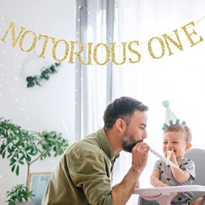Notorious One Banner, First Birthday Party Decorations Supplies, Hip Hop Theme One Year Old Bday Bunting Sign, Pre-strung, Gold Glitter