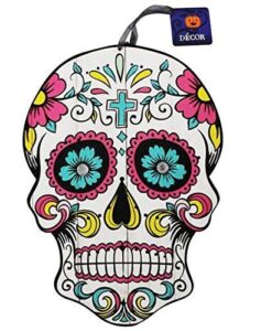 halloween decoration day of the dead sugar skull hanging wall sign, 9.5×13 in (cross)