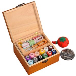 olizee® portable wooden sewing kit case organizer box set for home travel, with thread/needles/tape measure/scissors/thimble and other accessories