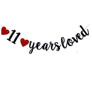 11 year loved banner,celebrating 11 wedding anniversary black party decoration.11th birthday party black glitter decorations anniversary decor pre-assembled bunting photo booth props
