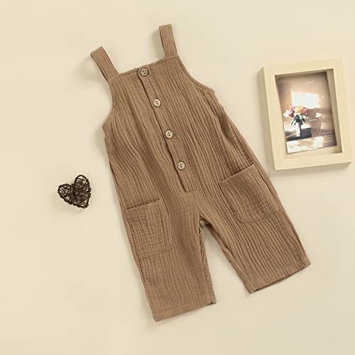 Mubineo Toddler Baby Girl Boy Solid Pocket Overalls Comfy Overall Romper Jumpsuit (Brown, 12-18 Months)