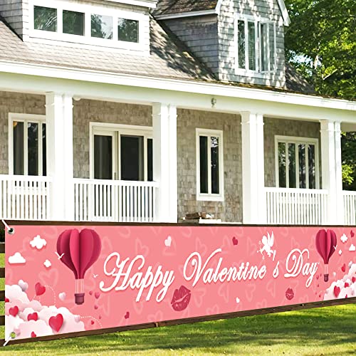 Happy Valentine's Day Banner, Large Valentines Banner Red Love Heart Backdrop for Valentine's Day Indoor Outdoor Party Decorations (Pink)