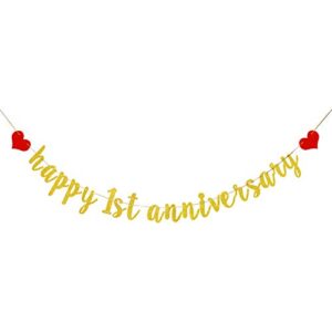 aonbon gold happy 1st anniversary banner, for 1st anniversary party decoration, 1st wedding anniversary party decoration photo props