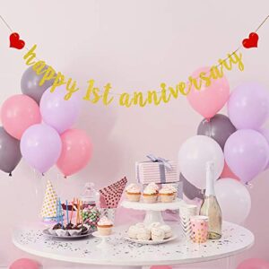 AonBon Gold Happy 1st Anniversary Banner, for 1st Anniversary Party Decoration, 1st Wedding Anniversary Party Decoration Photo Props