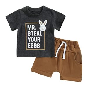 Adobabirl Easter Baby Boy Outfit Mr Steal Your Eggs Bunny Tshirt Solid Shorts Set Toddler Boy Easter Outfit Summer Clothes (D Easter Bunny Outfit Grey,3-4T)