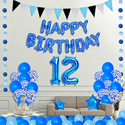 Succris 12ND Blue Theme for 12 Years Old Birthday Party Supplies Blue Happy Birthday Banner Blue Circle Dots Garland Paper Hanging Triangle Flag Banner Confetti balloons Number 12 Blue