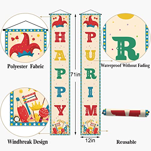 Happy Purim Porch Banner Jewish Carnival Hamantaschen Gragger Puppet Hat Holiday Front Door Wall Hanging Party Decoration