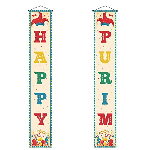 Happy Purim Porch Banner Jewish Carnival Hamantaschen Gragger Puppet Hat Holiday Front Door Wall Hanging Party Decoration