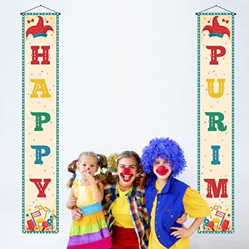 Happy Purim Porch Banner Jewish Carnival Hamantaschen Gragger Puppet Hat Holiday Front Door Wall Hanging Party Decoration