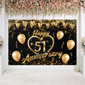 happy 51st anniversary backdrop banner decor black gold – glitter love heart happy 51 years wedding anniversary party theme decorations for women men supplies, 3.9 x 5.9 ft