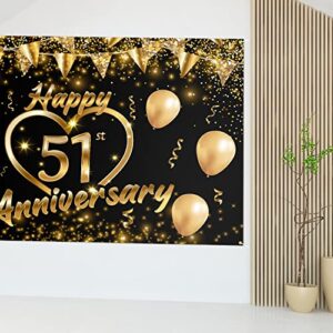 Happy 51st Anniversary Backdrop Banner Decor Black Gold – Glitter Love Heart Happy 51 Years Wedding Anniversary Party Theme Decorations for Women Men Supplies, 3.9 x 5.9 ft