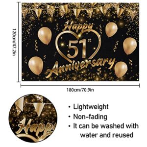 Happy 51st Anniversary Backdrop Banner Decor Black Gold – Glitter Love Heart Happy 51 Years Wedding Anniversary Party Theme Decorations for Women Men Supplies, 3.9 x 5.9 ft