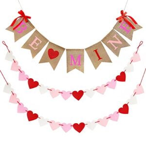 valentines day burlap banner, valentines decor for home, be mine hanging banner & 28 pcs felt heart garland banner decor for mantle fireplace wall, decorations pre-assembled – no diy required