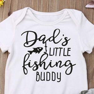 Newborn Infant Baby Girls Boys Clothes Letter Print Romper Bodysuit Cute Fishing Ruffles Shorts Pants Headband Outfits Set (White, 6-12 Months)