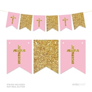 andaz press gold glitter print hanging pennant party banner with string, girl baptism pink and gold glitter crosses, 9-feet, 1-set, decor paper decorations, not real glitter, includes string