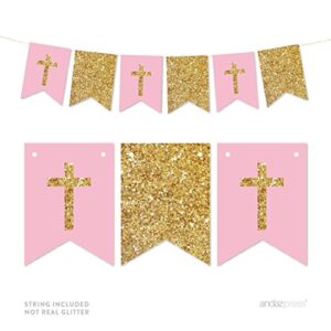 Andaz Press Gold Glitter Print Hanging Pennant Party Banner with String, Girl Baptism Pink and Gold Glitter Crosses, 9-Feet, 1-Set, Decor Paper Decorations, Not Real Glitter, Includes String