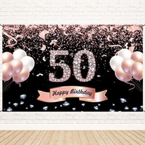trgowaul 50th birthday decorations for women – large rose gold happy 50th birthday banner backdrop photography background sign poster decor 50 years old birthday party supplies gifts for her 51″×83″