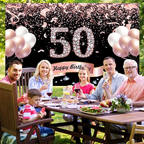 Trgowaul 50th Birthday Decorations for Women - Large Rose Gold Happy 50th Birthday Banner Backdrop Photography Background Sign Poster Decor 50 Years Old Birthday Party Supplies Gifts for her 51"×83"