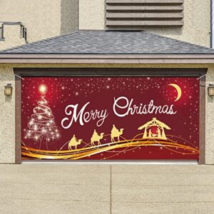 roetyce merry christmas garage door decorations, extra large christmas red jesus garage door banner backdrop, xmas christmas outdoor party supply photography background sign poster decorations 6x13ft