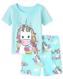 the children’s place baby girls the children’s place toddler unicorn short sleeve top and shorts snug fit 100% cotton 2 pajama set, unicorn ice cream, 6-9 months us