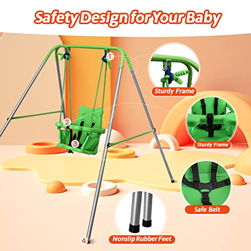 Toddler Swing, Swing for Baby with Safety Belt Seat and Foldable Metal Stand, Infant Swing Set for Backyard Indoor Outdoor Play, Baby Swing for Toddlers Age 1-3 at Home