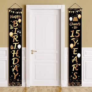 2 pieces 15th birthday party decorations cheers to 15 years banner porch sign door hanging banner 15th party decorations welcome porch sign for 15 years birthday supplies, 71 x 12.6 inches