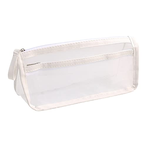 Cute Transparent Pencil Case Mesh Makeup Storage Holder Pouch Solid Color for Travel Cosmetics Stationery Small Crafts with zipper large kids Bag Teen, White